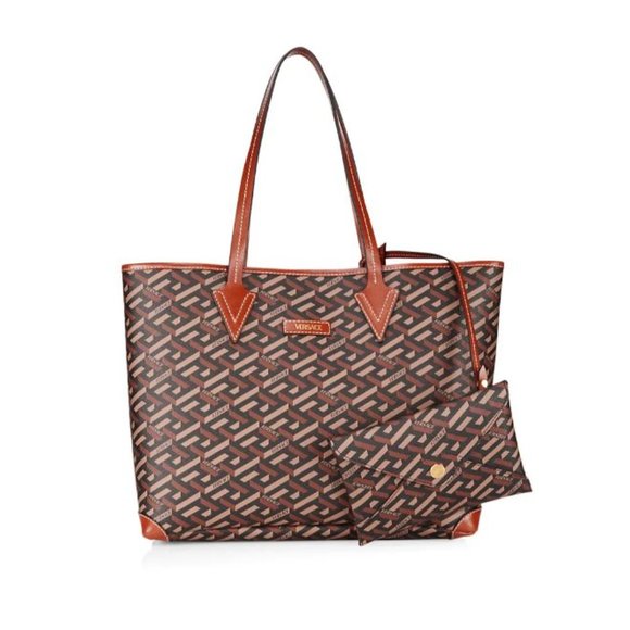 Versace Greca Monogram Coated Canvas Tote With Pouch Black Cream Gold - Picture 1 of 10